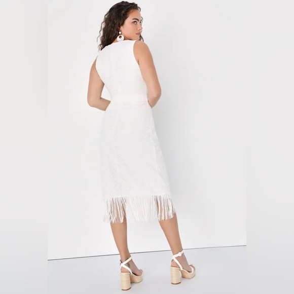 Lulus Medium White Cotton Eyelet Fringe Tulip Midi Dress - Picture 2 of 11